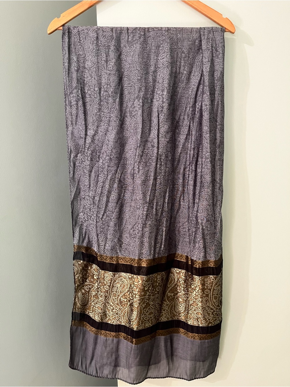 100% Silk Gray Floral Paisley Scarf or Wrap bordered in gold, bronze and black